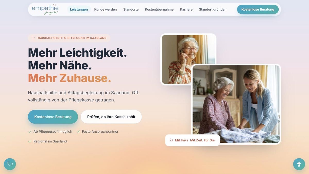 Startseite von empathieprojekt.de mit der Überschrift Mehr Leichtigkeit, mehr Nähe, mehr Zuhause