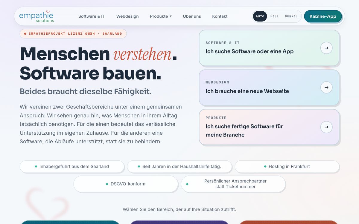 Startseite von empathiesolutions.de mit der Überschrift Menschen verstehen, Software bauen