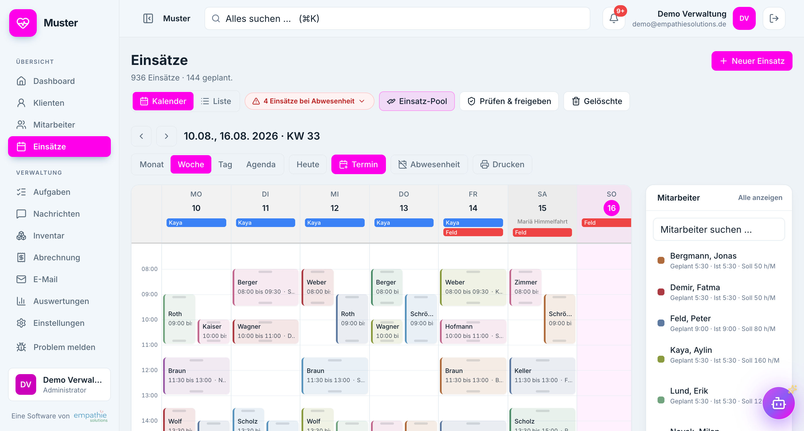 Einsätze in der Woche in der Software