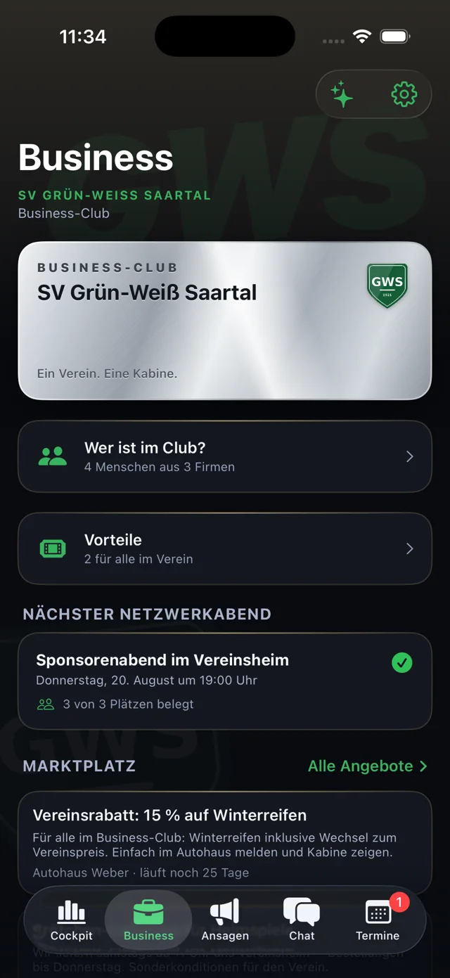Business-Club für Partner in der Kabine-App
