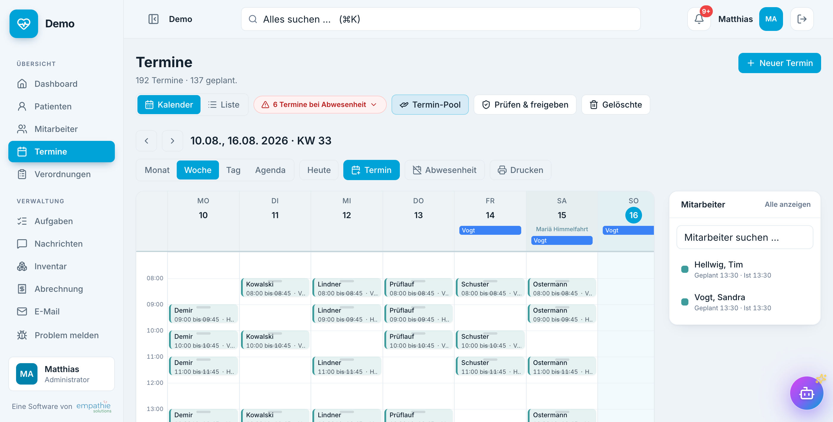 Termine in der Woche in der Software